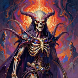 a psychedelic portrait of omin dran skeletal phyrexian mind flayer psion, vibrant color scheme, highly detailed, in the style of romanticism, cinematic, artstation, moebius, greg rutkowski, h. r giger