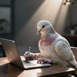 A humanoid pigeon writing a Story using a laptop, Digital art