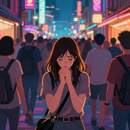 sad woman in a crowd of people on the street, glowing lights, epic fantasy, colorfully, digital art, highly saturated colors, concept art, detailed illustration, hd, 4 k, digital art, greg rutkowski, dan mumford, studio ghibli trending on artstation