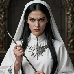 portrait of a beautiful female cleric with long black hair and a angry face. She wear a silver detailed symetric amulet of a sun eye. And carry a long needle in his hands. Epic fantasy. beautiful. hyperrealism symetric face cinematic top lighting, insanely detailed and intricate, face by wlop, Charlie Bowater, golden ratio, symmetric, elegant, ornate, luxury, elite, matte painting, cinematic, trending on artstation, deviantart and cgsociety, 8k, high resolution