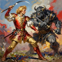 painted portrait of blond ezio auditore fighting ogre, vivid colors, fantasy intricate elegant extremely detailed digital painting trending artstation concept art sharp focus illustration art by gustave courbet greg rutkowski craig mullins