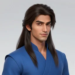Avan Jogia as a prince. Long dark hair, blue clothes. Character design by charlie bowater, ross tran, artgerm, and makoto shinkai, detailed, inked, western comic book art, 2021 award winning painting