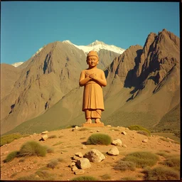 1 9 6 0 s vintage scanned color photo of a ancient terracotta sculpture in the middle of a mountain, image by werner herzog