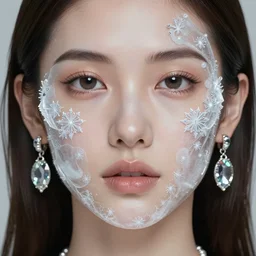 ice face fractal jewellery portrait of a woman, inspired by mandy jurgens, face accessories, light make up, 4 k, high detailed, illustration