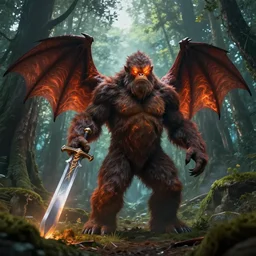wide angle dslr photograph of a very hairy bigfoot with bat wings and firey eyes holding a giant magic sword, standing in a forest clearing, epic cinematic lighting, digital art