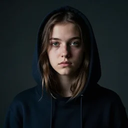 a portrait of a moody female teenager in a hoodie, photograph, dramatic lighting