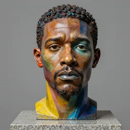 beautiful studio photograph of colorful postmodern portrait sculpture of chadwick boseman disappointed, beautiful symmetrical face accurate face detailed face realistic proportions, made of spray - painted granite on a pedestal by ron mueck and matthew barney and greg rutkowski, hyperrealism intense cinematic lighting shocking detail 8 k