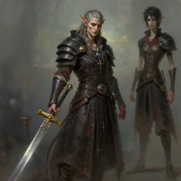 an oil drawing of a gipsy tiefling with great sword in his hand in style of dark souls, a character portrait by muggur, disco elysium character, featured on deviantart, fantasy art, concept art, official art, hd mod