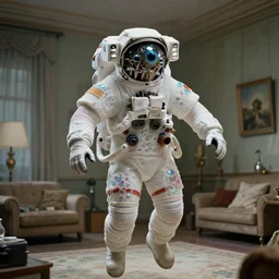 a cybernetic symbiosis of a single astronaut eva suit made of pearlescent wearing knitted yarn thread infected with diamond 3d fractal lace iridescent bubble 3d skin covered with stalks of insectoid compound eye camera lenses floats through the living room, film still from the movie directed by Denis Villeneuve with art direction by Salvador Dalí, wide lens,