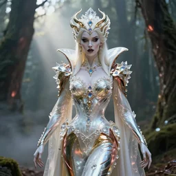beauteous sumptuous gothic vampire queen, elegant pose, white pearlescent, chrome, iridescent titanium, crystal, liquid gold, copper, bronze, by victoria frances, cinematic forest lighting, crystalline masterpiece incrustations, hyperdetailed metalwork, in volumetric soft glowing mist, movie still, octane render, unreal engine, crepuscular rays,