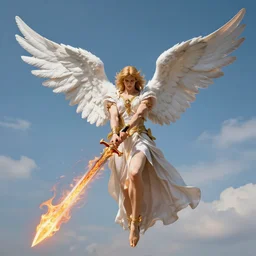 strong angel holding flaming sword in the sky