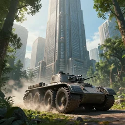 giant city on tank wheels going through a forest. cinematic lighting, wide angle, volumetric light scattering, 8 k, artstation, concept art. art by ian mcque