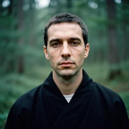 vintage kodak film photography from 7 0 s with pro mist filter, close - up man in black robe portrait, forest, in style of joel meyerowitz