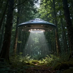 ufo in the middle of the woods volumetric lighting, very sharp, detailed, high quality, by greg rutkowski, artgerm