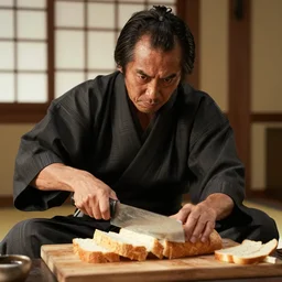 a movie still of a samurai aggressively slicing a loaf of bread, a movie by Akira Kurosawa