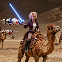 Dolly Parton is riding a camel in a Star Wars fight scene, holding lightsaber, X-wing Starfighter