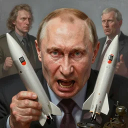 very old and angry vladimir putin, very detailed, screaming, threating by a model of a cruise missile. artwork by artgerm, centered face shot, wide angle, fantasy, highly detailed, digital painting, artstation, smooth, sharp focus, art by thomas kinkade and h. r. giger and tyler edlin