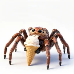 a very cute very large spider holding an ice cream cone the spider is eating the ice cream cone, A cute spider, bold colors, octane render, realistic reflections, studio lighting, cartoon