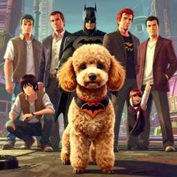 a poodle as robin from batman and robin, in gta v, stephen bliss, unreal engine, fantasy art by greg rutkowski, loish, rhads, ferdinand knab, makoto shinkai and lois van baarle, ilya kuvshinov, rossdraws, tom bagshaw, global illumination, radiant light, detailed and intricate environment