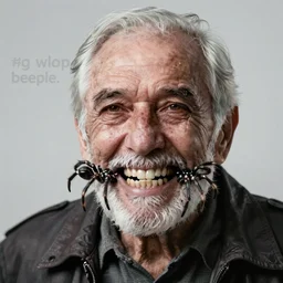 an old man with spiders for teeth, by wlop and beeple, detailed, spooky, creepy, scary