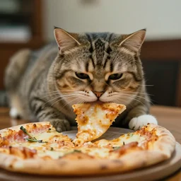 photo of a very fat cat eating pizza. nikon d 8 5 0 5 5 mm. dof. cinematic postprocessing.