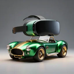 product photography of a glossy green metallic and gold metallic shiny futuristic virtual reality headset reimagined like shelby ac cobra 4 2 7 ( 1 9 6 6 ), studio lighting, full shot - c 1 3 - w 1 0 2 4 - h 1 0 2 4 - n 4 - s 1 5 0
