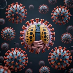 photorealism coronavirus is a group of RNA viruses that cause a variety of respiratory, gastrointestinal, and neurological diseases in humans and other animals. by Yayoi Kusama surreal detailed, high definition chaotic, micro details wide angle lens dark lighting