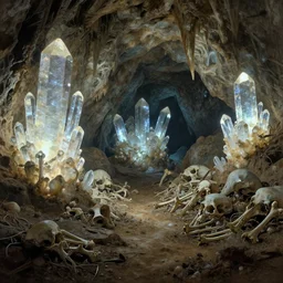 a cave with huge glowing crystals in the walls and piles of bones!! on the floor, art by donato giancola and greg rutkowski