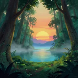 backlight on  forest trees, fog in lake , jungle  by the sea , sunset  2d animation background panorama by disney