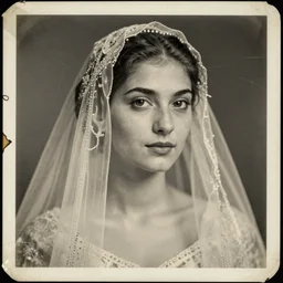 portrait of beautiful lady in veil, old vintage photography, damaged photo, archive, film artifacts, scratches, tears, grainy, hyperrealistic, high quality, ultra detailed, 4 k