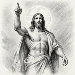 muscular gigachad benediction, gigachad jesus, pointing to heaven, pencil art, holy iconography
