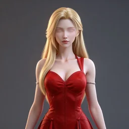 humanoid demon lady, minhago pathfinder, beautiful, perfect symettry face, eyeless, no eyes, red dress, blonde hair, 4 k, volumetric lighting