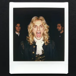 polaroid movie still of of isaac newton screaming to the camera at the movie set, artwork by gaston bussiere, craig mullins, trending on artstation