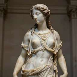 an ancient greek sculpture art of a very beautiful 1 9 0 0 s goddess of battles, oaths, and sorrow, marble, long dark brown hair, full body, hyper realistic, tan skin, silver eyes, 4 k, rule of thirds, extreme detail, detailed sculpture, trending artstation, displayed in a museum, hd, fantasy, d & d, realistic lighting, sharp focus, backlit, elegant.