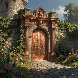HD digital art detailed old copper castle door entrance with flowers and a cobblestone large path outside by James Gurney and Asher brown durand, cgsociety, artstation