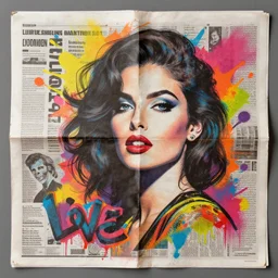 modern art, splash color grafiti, newspaper cut of a beautiful lady, grafiti of love, incredible details, pop art legacy