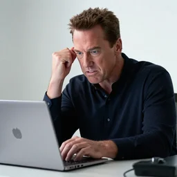 arnold schwarzenegger as conan the barbarian, working a desk job, sitting at a desk, angry, frustrated at his laptop screen, laptop trouble, technical difficulties, crisp lighting, expressive, stock photo