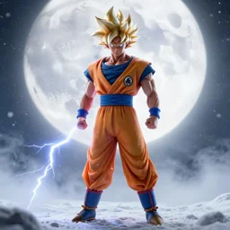 full shot of Dwayne Johnson as a warrior style goku super saiyan at moonlight, snowing, lightning bolt, high detail, unreal engine 4k volumetric light, fog,