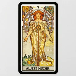 a tarot card with Seven of Nine the Borg from star trek, art nouveau, amazing details, intricate details, beautiful , black paper, fractal system circuit , in the style of Alphonse Mucha,