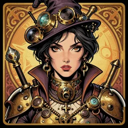 a detailed portrait illustration of a steampunk mechanic - wizard. beautiful female face. art nouveau, pop art, comic book style. influenced by neil gaiman, h. p. lovecraft, dan mumford, brian froud, vadim voitekhovitch, killian eng, ross tran.