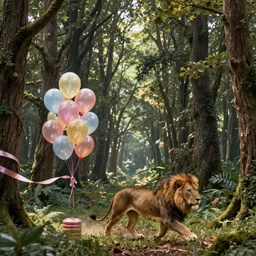 lion run through the forest and see a birthday ribbons and balloons , concept art, huge scale, high details  by Evgeniy Antonenkov