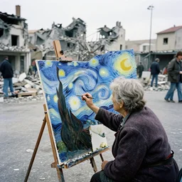 a old lady in the middle of the square at a bombed city, the old lady is painting the starry night on an oil on canvas in the of the square, 3 5 mm analog photography