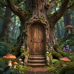 professional digital art detailed forest tree with  door and stairs, magical forest flowers mushrooms cgsociety wlop behance by pixiv