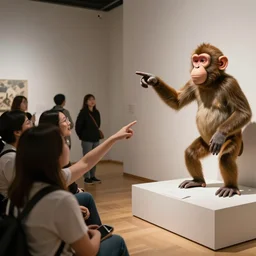 audience pointing and laughing at monkey jpeg nft's in museum, 4 k