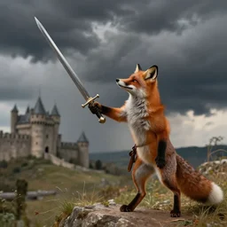 anthropomorphic fox!! who is a medieval knight holding a swo - rd towards a stormy thundercloud [ 1 9 3 0 s film still ], ( castle in the background )