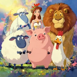 a vibrant emotional animation key shot of elegant xenomorphic cow sheep pig chicken dog lion, studio ghibli, pixar and disney animation, sharp, disney concept art maximalist splatter paint illustration by shinji kimura and alphonse mucha and alena aenami, pastel color palette, bloom!!, dramatic lighting