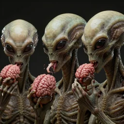 aliens brainsuckers eat brains of aztecs, perfect faces, fine details, studio lighting, close view, subtle shadows, art by katsuya terada, photorealism, hyper realism, octane render, hyper detailed, medium shot, 8 k, raw, unedited, in - frame,