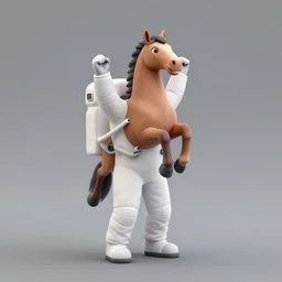 an astronaut standing on the ground and a small trippy aggressive centaur standing on that poor human being standing on all fours astronaut raising his arms up, the horse is on his shoulders and grabbing them, minimalist style, 3 d render, isometry