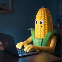 anthropomorphic corn man typing on his laptop in a dark room