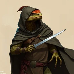 anthro lizard warrior wearing cloak and hood, dnd illustration by enki bilal and dan mumford, character concept trending on artstation